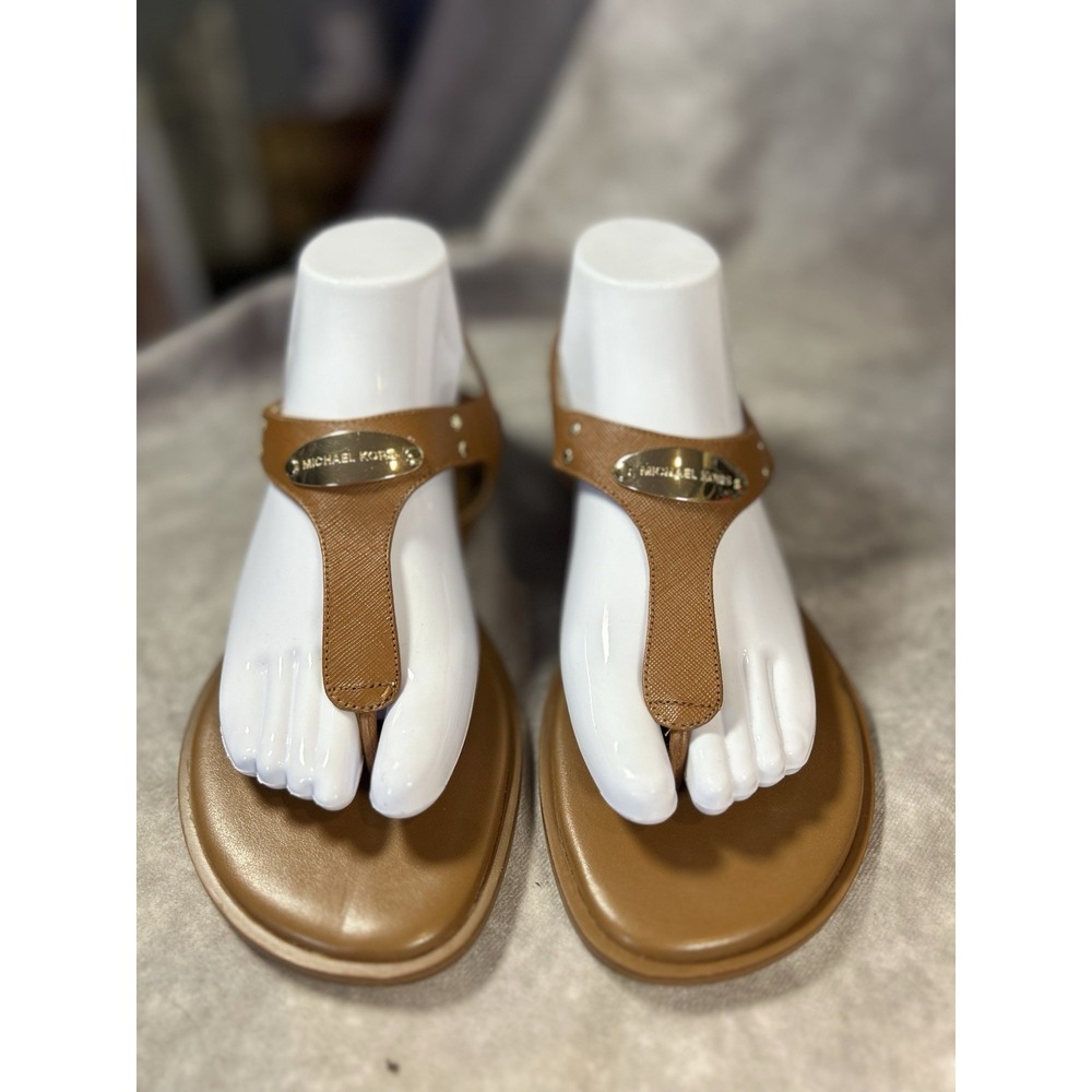Michael Kors MK Plate T Strap Sandals Luggage Brown Leather Size 8M